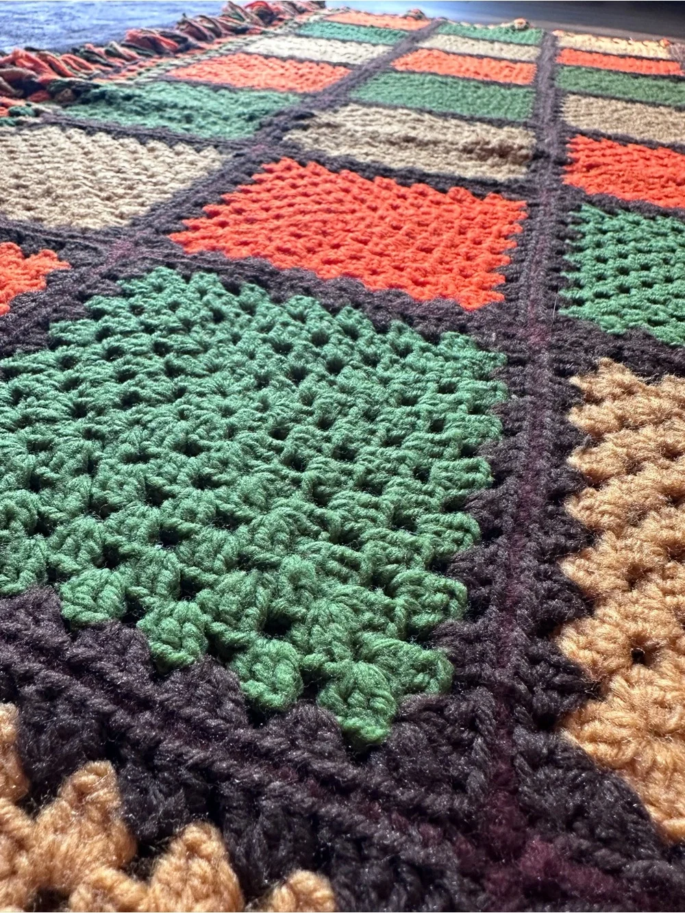 Vintage 70s Crochet Afghan Blanket Orange Green Gold Brown Fringe Retro Boho